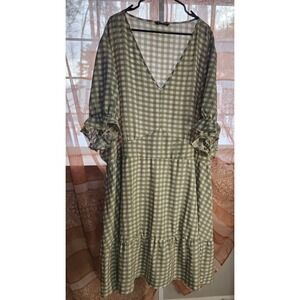 Bloomchic Gingham Ruffle Sleeve Midi Dress Plus Size US30 Green White V-Neck